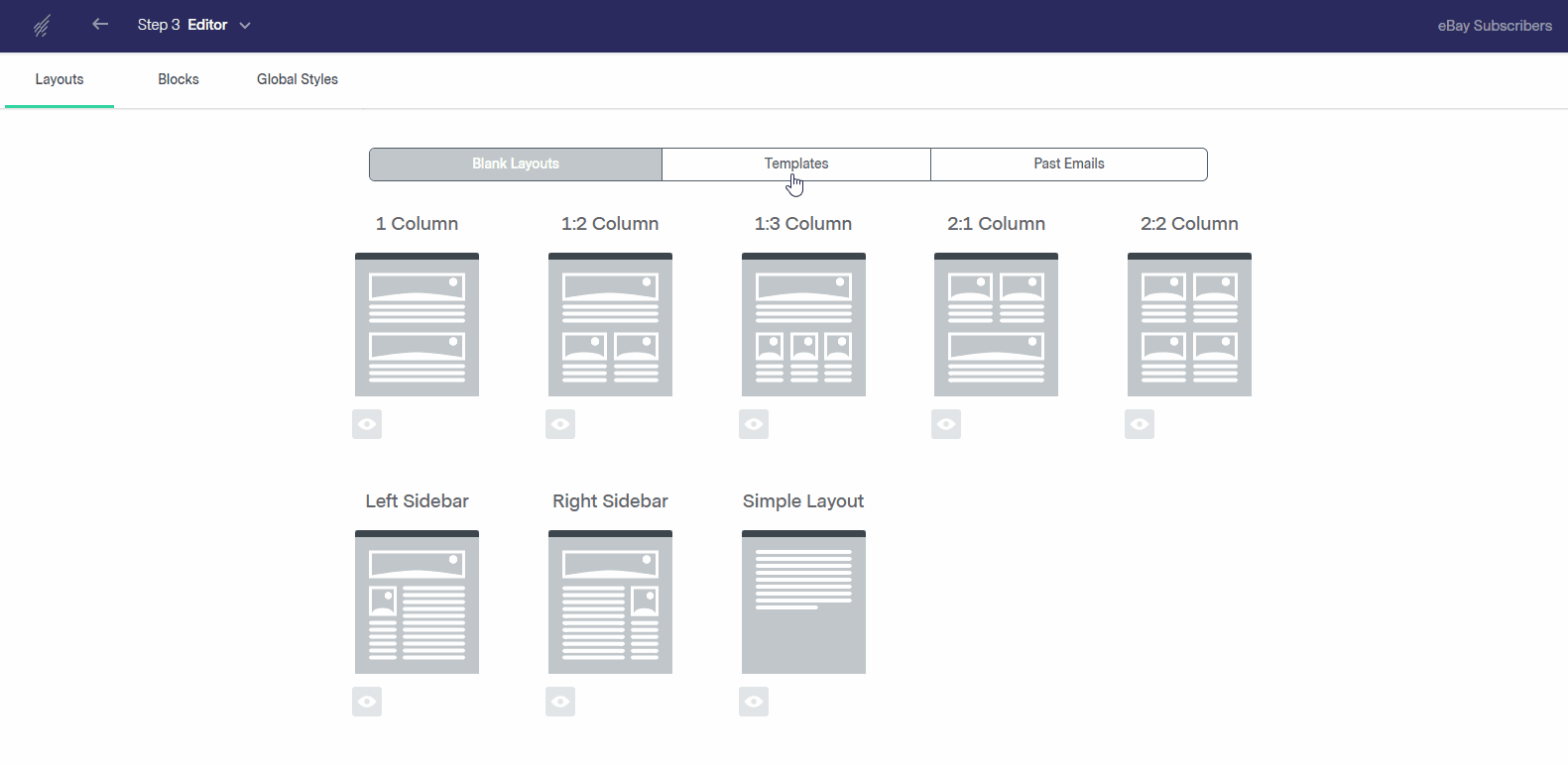 Benchmark’s array of email layouts provides numerous templates that can be filtered by app integrations you want to include: eBay, Eventbrite, Facebook, LinkedIn, SurveyMonkey, and Twitter.