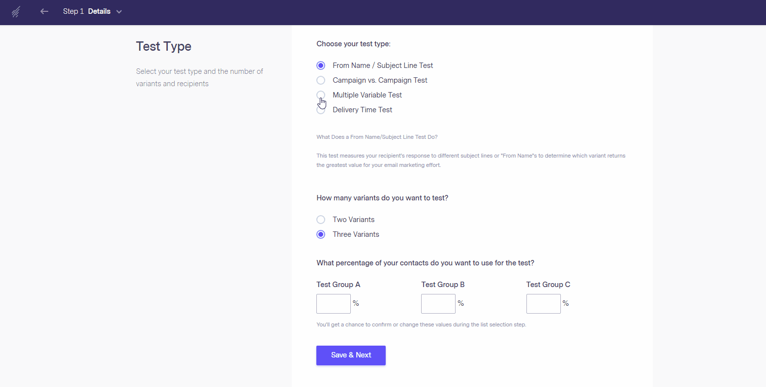 Benchmark’s split testing feature allows you to conduct four different tests on two or three email variants: from name/subject line test, campaign vs. campaign test, multiple variable test, and delivery time test.