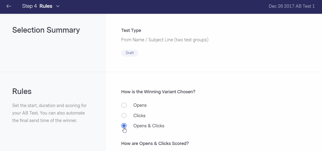 Benchmark’s split testing feature allows you to set rules for defining which variant of the email wins like a rule assigning points for an action that’s worth more or less.