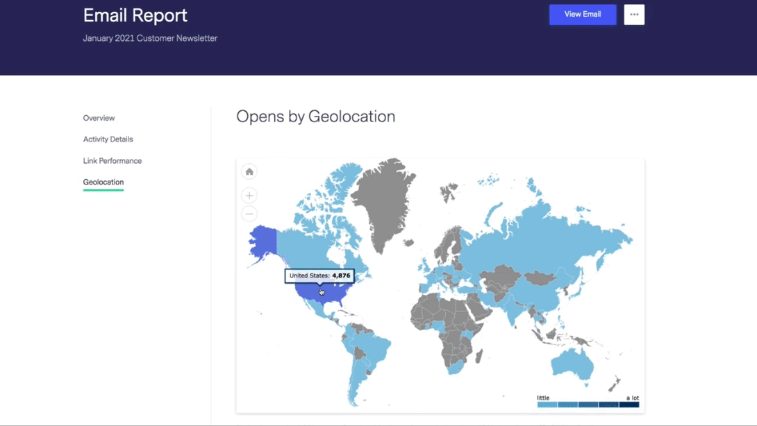 Benchmark’s Email Report offers four separate views: Overview, Activity Details, Link Performance, and Geolocation with a clickable world map of opens by geolocation.