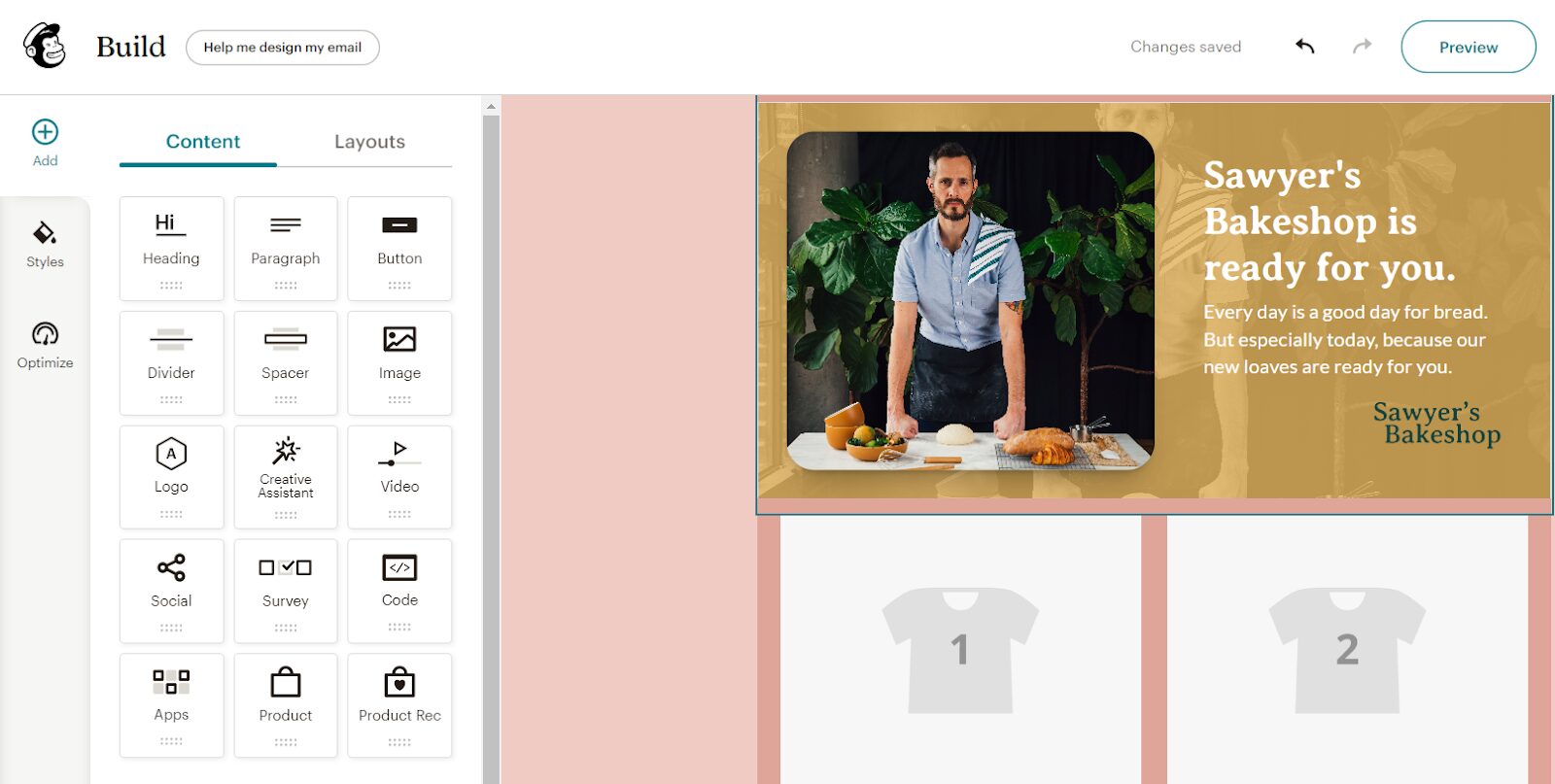 Mailchimp’s New Builder is set so that on the left it has building blocks for headings, paragraphs, images, buttons, dividers, spacers, videos, and more, and on the right, there’s a building board with a preview of an email getting built.