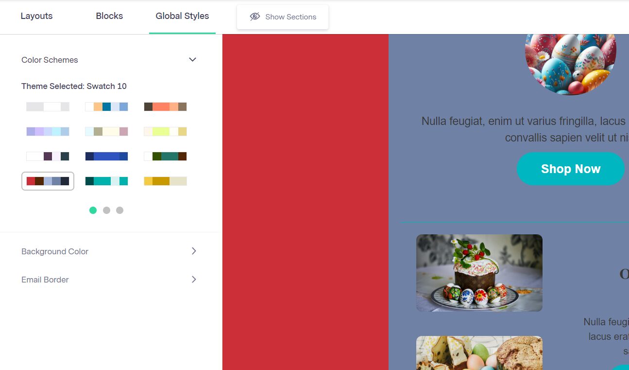 Within Benchmark’s email builder you can customize the look of your email with global styles, including various color schemes, background colors, and email borders.