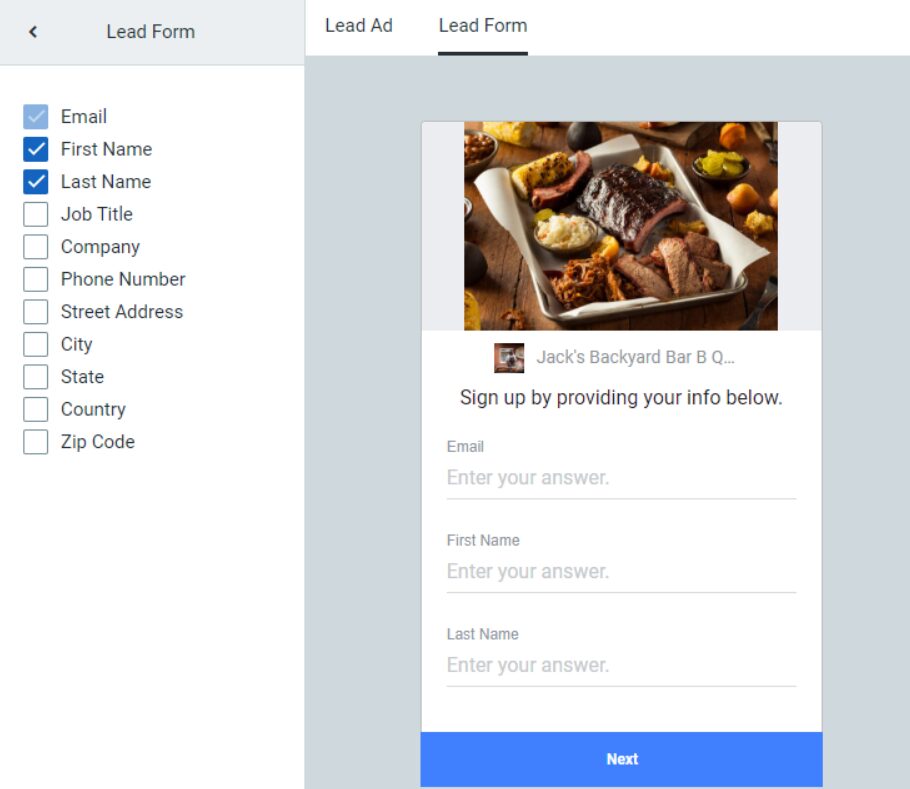 Constant Contact lets you build a lead form for Facebook and Instagram ads and allows you to require personal information from your leads like email, first name, last name, job title, company, phone number, street address, city, state, country, and zip code.