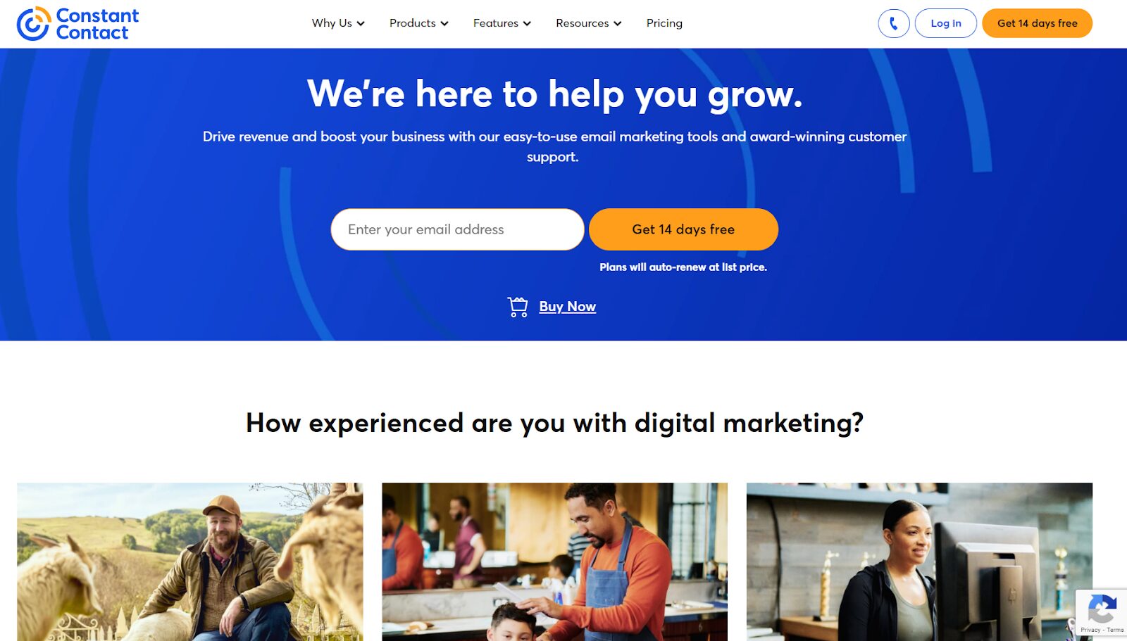 Constant Contact’s homepage has a slogan: ‘We’re here to help you grow’.