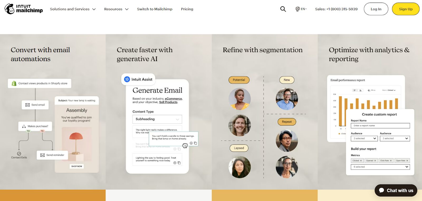 Mailchimp’s homepage presents four main features: email automations, email creation with generative AI, segmentation, and analytics & reporting.
