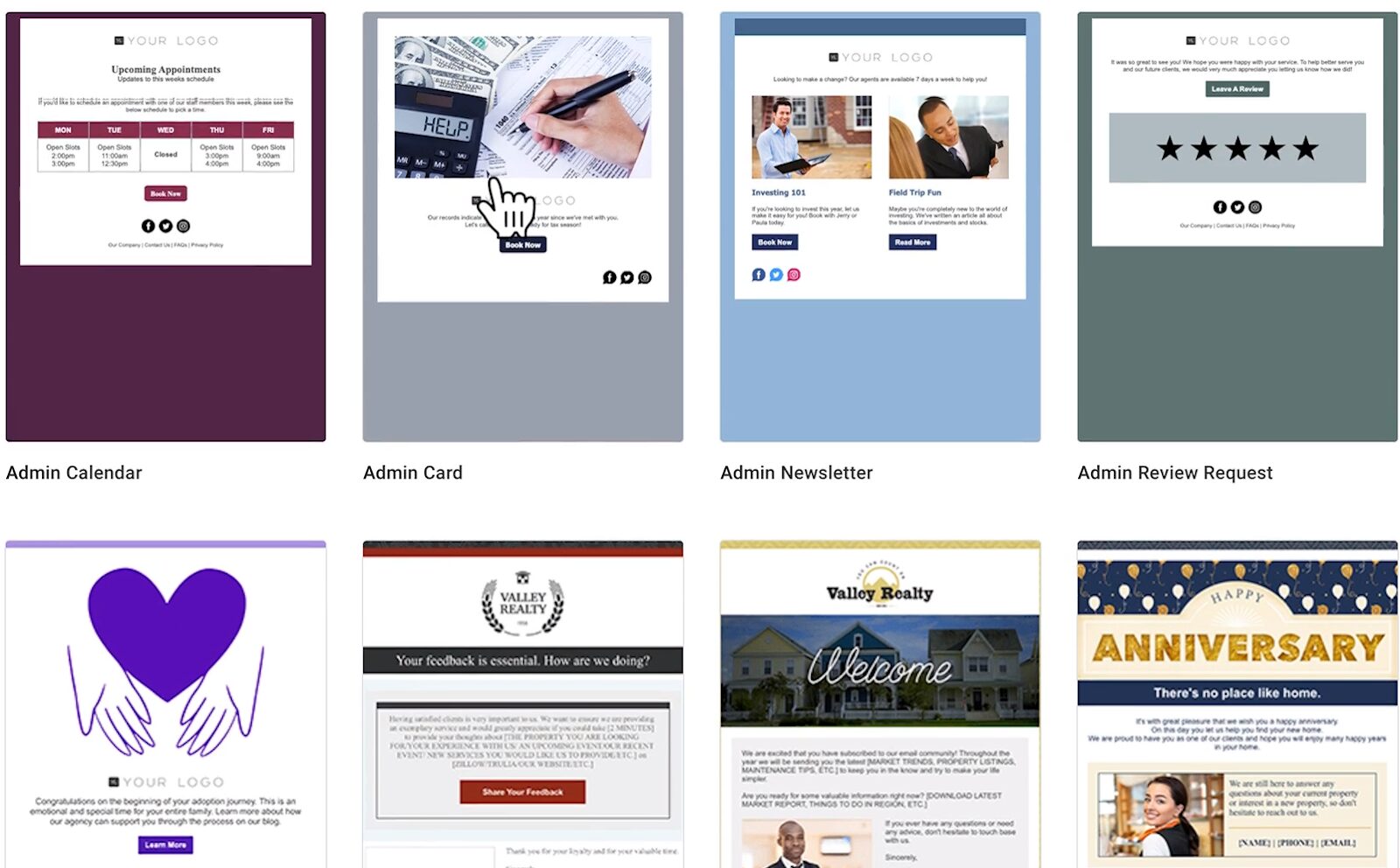 Constant Contact pre-made email templates include templates for a calendar, card, newsletter, and review request.