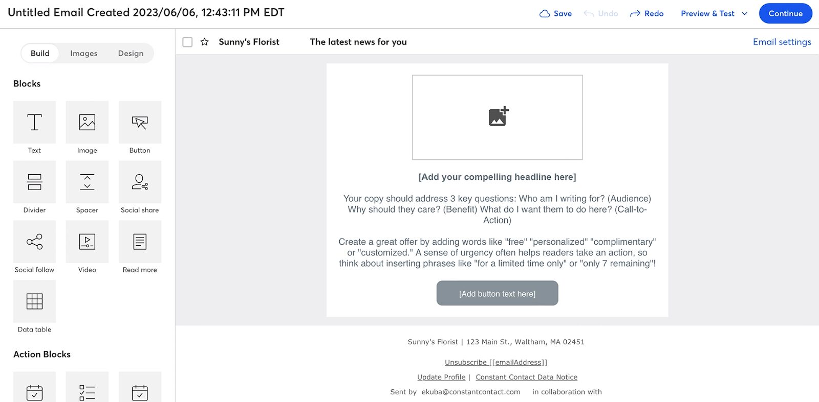 Constant Contact’s email builder is set so that on the left it has building blocks for text, images, buttons, dividers, spacers, videos, and more, and on the right, there’s a building board with a preview of an email getting built.