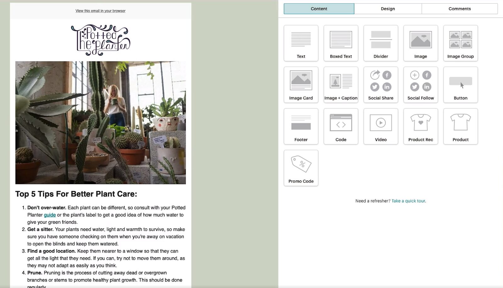 Mailchimp’s Classic Builder is set so that on the left it has a building board with a preview of an email getting built, and on the right, there are building blocks for text, images, buttons, dividers, products, videos, and more.