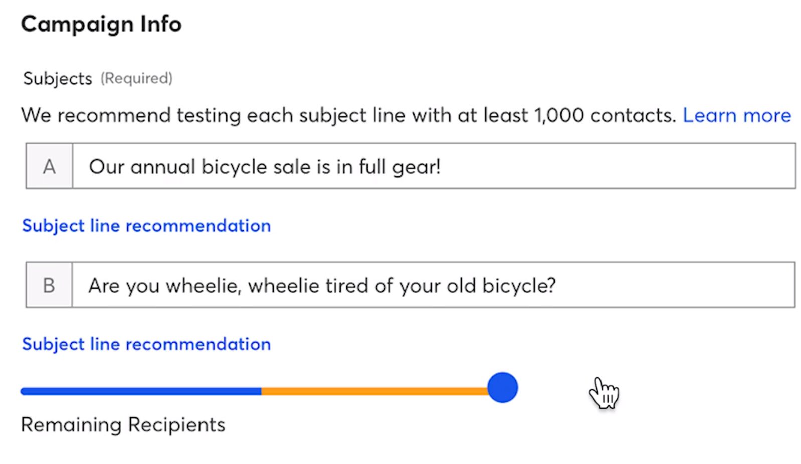 Constant Contact allows A/B testing based on an email subject and provides subject line recommendation.