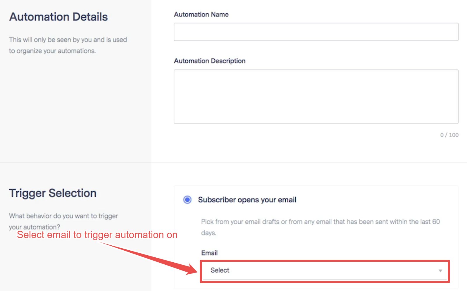 The first step in Benchmark’s Automation interface requires you to set automation details like name and description, and select a behavior that triggers automation.
