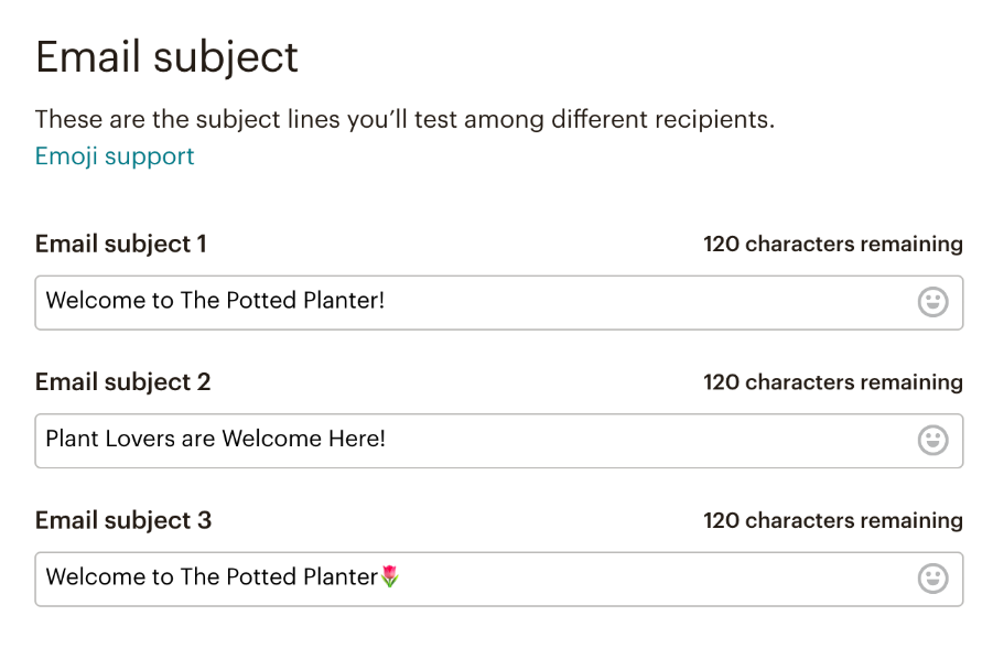 Mailchimp’s Email subject split testing feature lets you test three different subjects against each other.