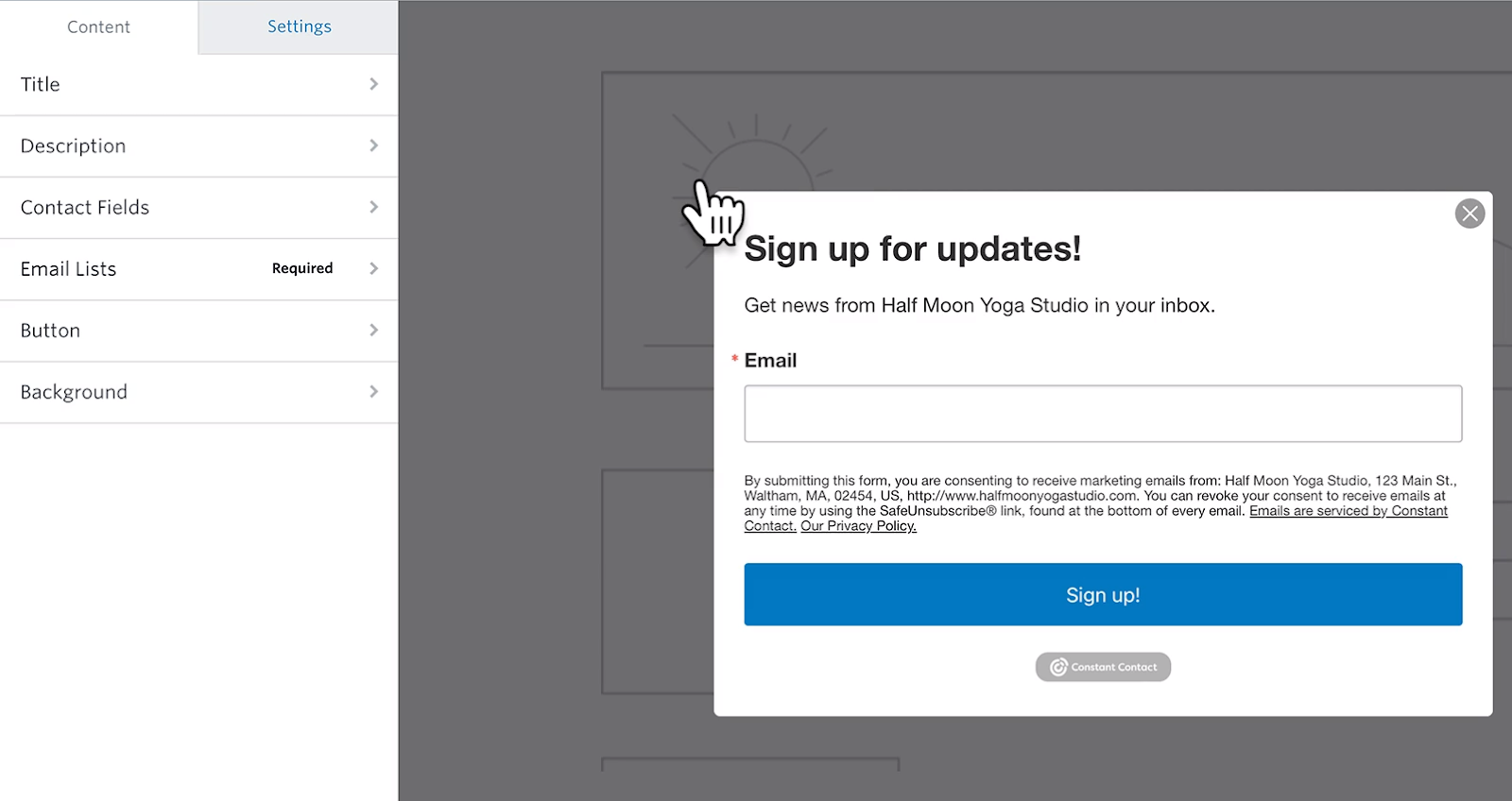 Constant Contact lets you build embeddable popup forms with customizable content: title, description, contact fields, email lists, button, and background.