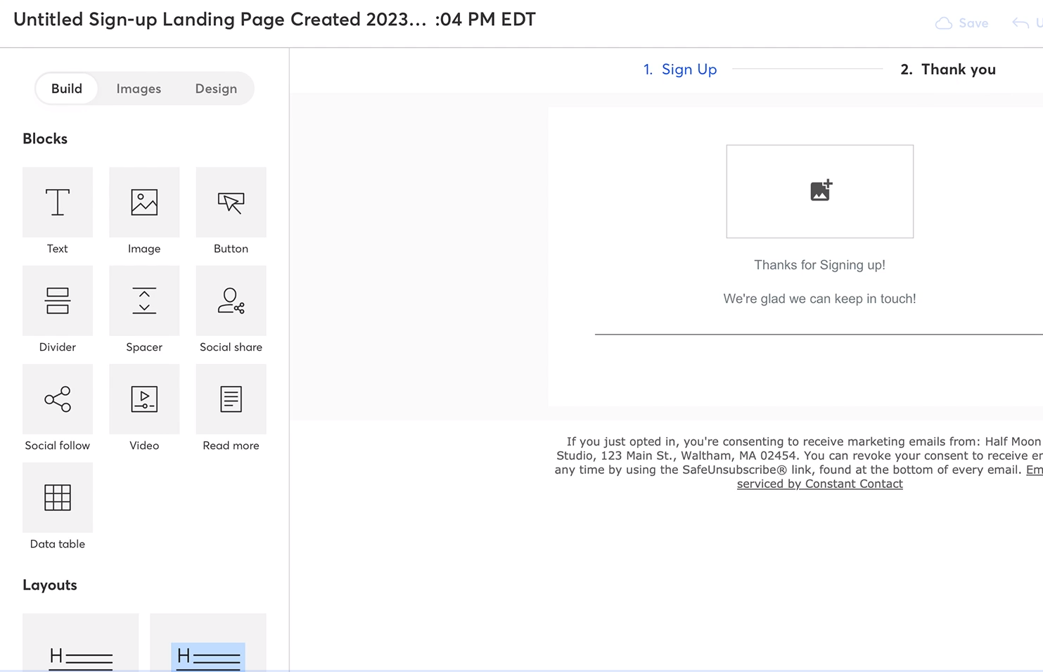 Constant Contact’s landing page builder is set so that it has building blocks with text, images, buttons, dividers, spacers, and more on the left, and a building board with a preview of a page getting built on the right.
