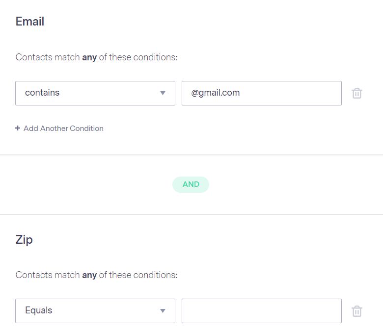Benchmark’s contact segmentation feature allows segmenting contacts based on contact information like email and zip code.