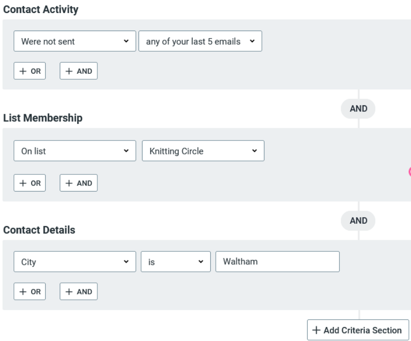 Constant Contact’s automation feature lets you chain multiple criteria sections together, including contact activity, list membership, and contact details.