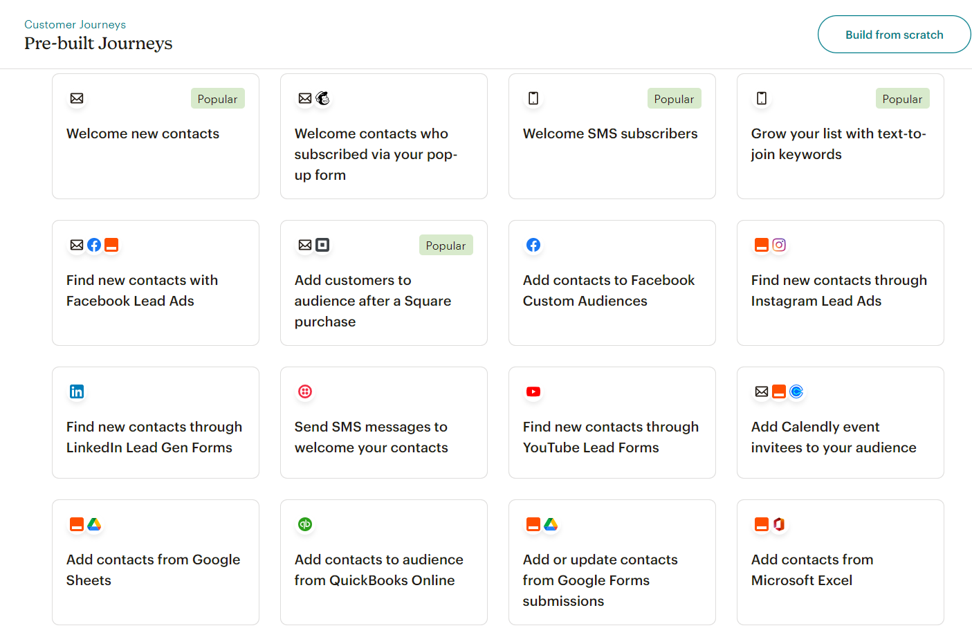 Mailchimp’s prebuilt Customer Journeys include templates for welcoming new contacts, welcoming SMS subscribers, finding new contacts with Facebook lead Ads, adding contacts to Facebook Custom Audiences, adding a Calendly event invitees to your audience, and more.