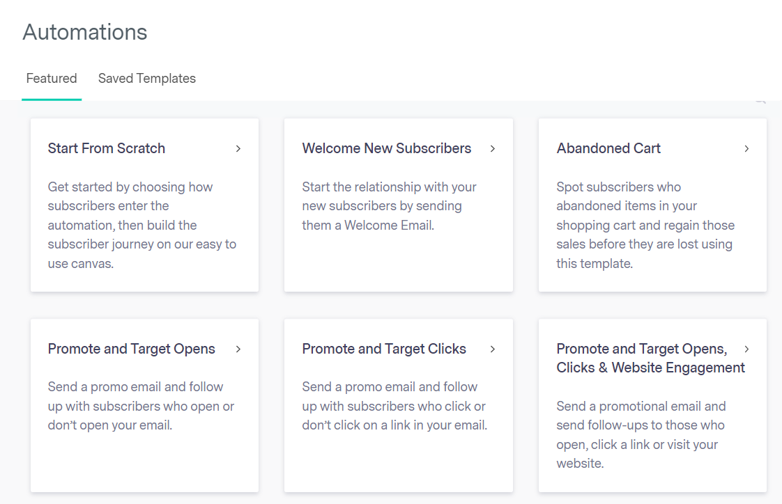 Benchmark’s automation templates include templates for starting from scratch, welcoming new subscribers, abandoned carts, promoting and targeting opens, promoting and targeting clicks, and promoting and targeting opens, clicks & website engagement.